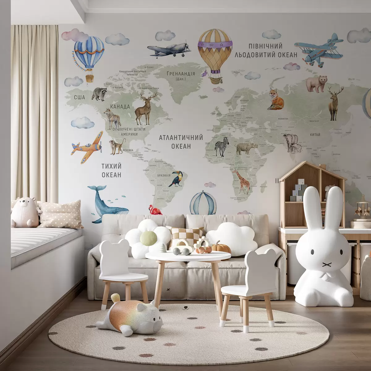 wall murals Watercolor-style map for children with animals and hot air balloons. Ukrainian language. Color: green c00001uk