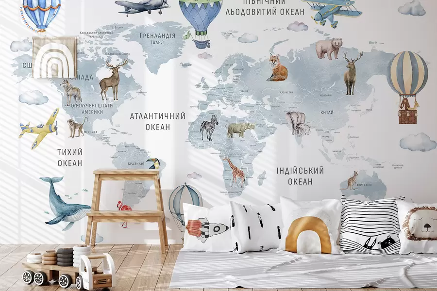 wall murals Children's map in watercolour style with animals and hot air balloons. Ukrainian language. Blue colour c00001ukv1