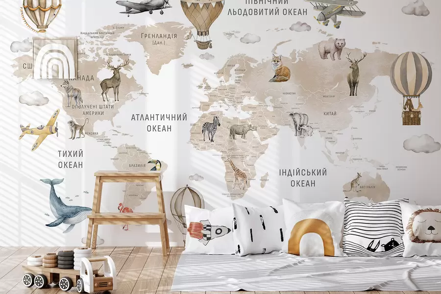wall murals Children's map in watercolour style with animals and hot air balloons. Ukrainian language. Beige colour c00001ukv2