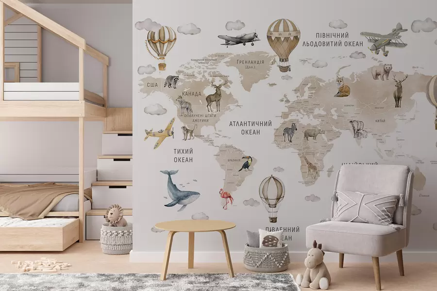 wall murals Children's map in watercolour style with animals and hot air balloons. Ukrainian language. Beige colour c00001ukv2