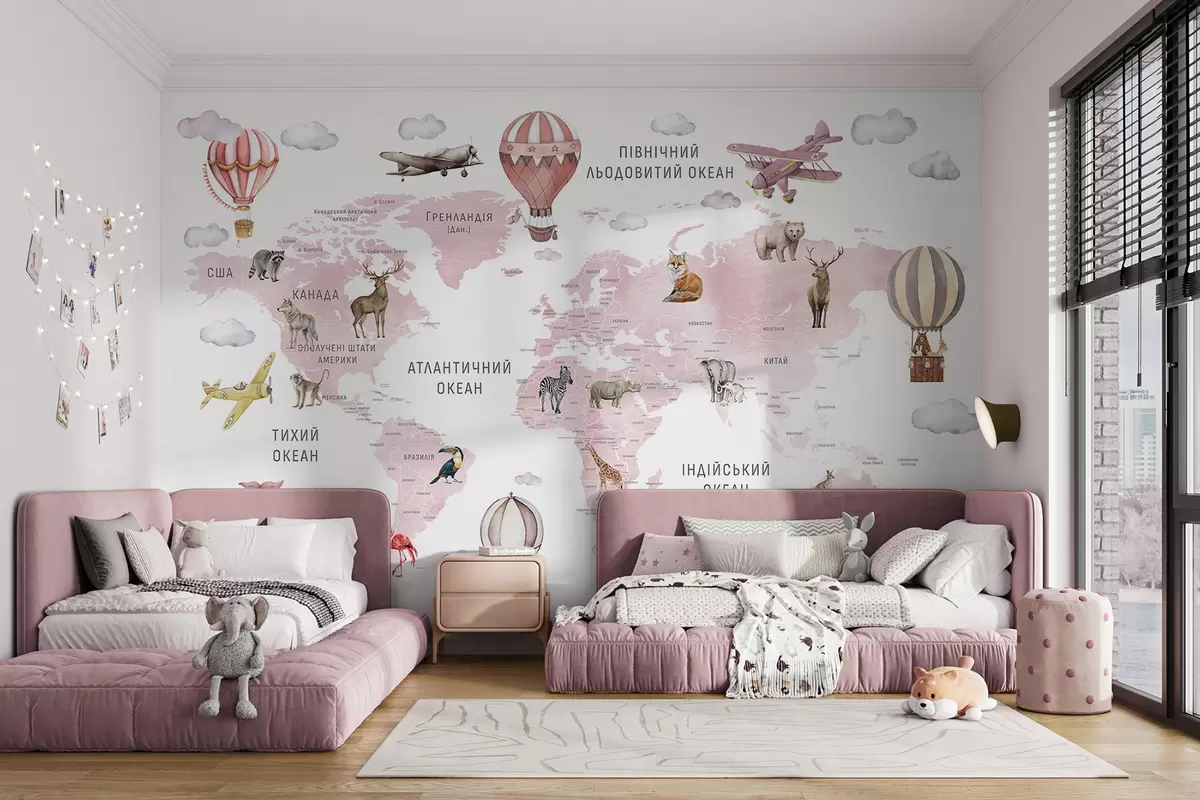 wall murals Children's map in watercolour style with animals and hot air balloons. Ukrainian language. Pink colour. c00001ukv3