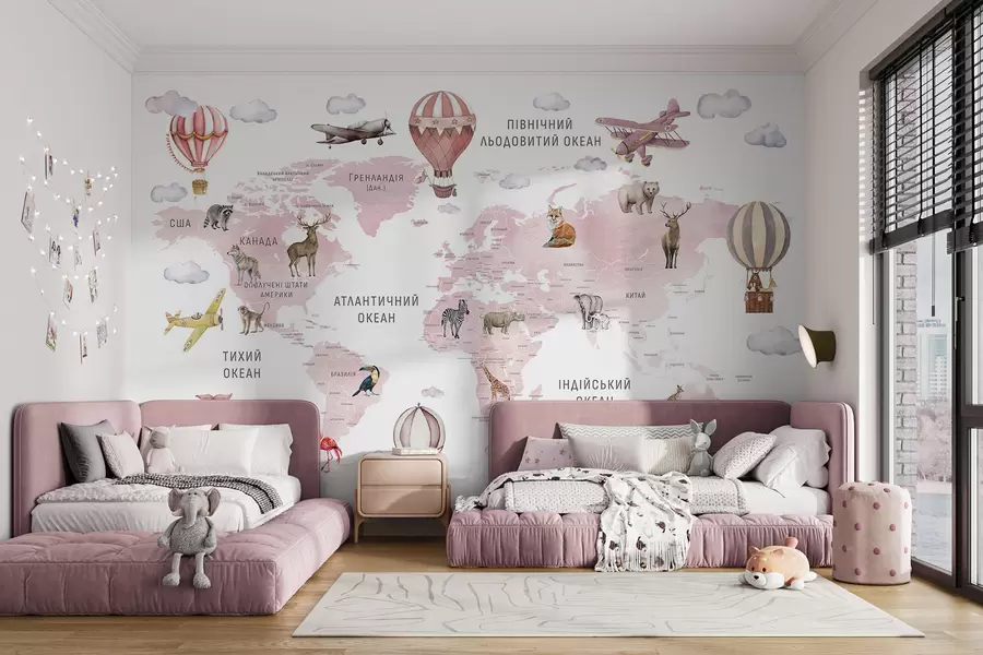 wall murals Children's map in watercolour style with animals and hot air balloons. Ukrainian language. Pink colour. c00001ukv3