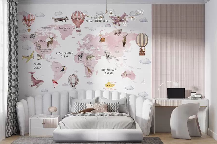wall murals Children's map in watercolour style with animals and hot air balloons. Ukrainian language. Pink colour c00001ukv3