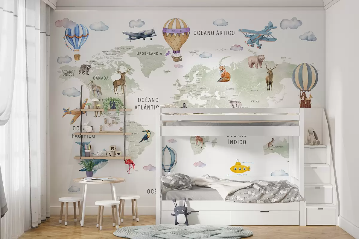 wall murals Children's map in watercolour style with animals and hot air balloons. Spanish language. Green colour. c00001es