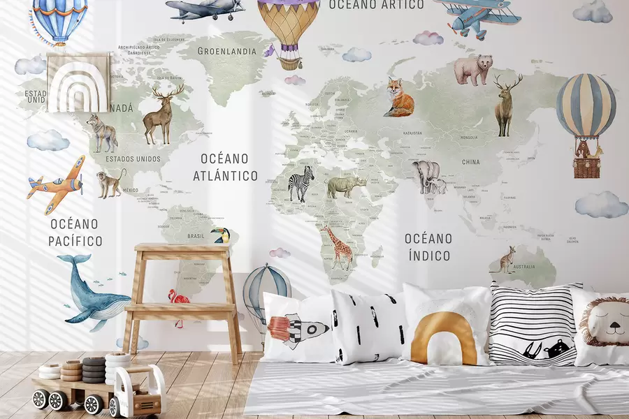 wall murals Children's map in watercolour style with animals and hot air balloons. Spanish language. Green colour. c00001es
