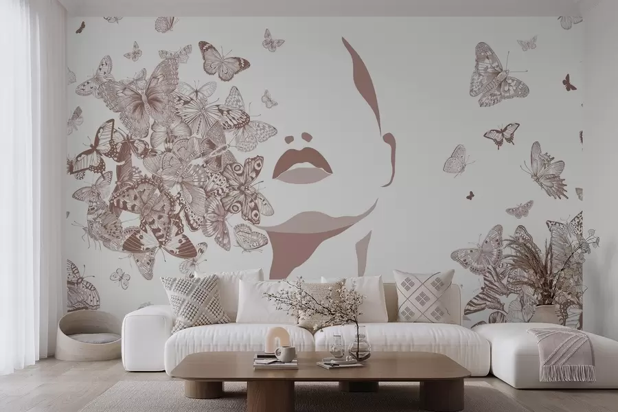 wall murals Silhouette of a face among butterflies w04778