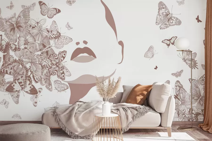 wall murals Silhouette of a face among butterflies w04778