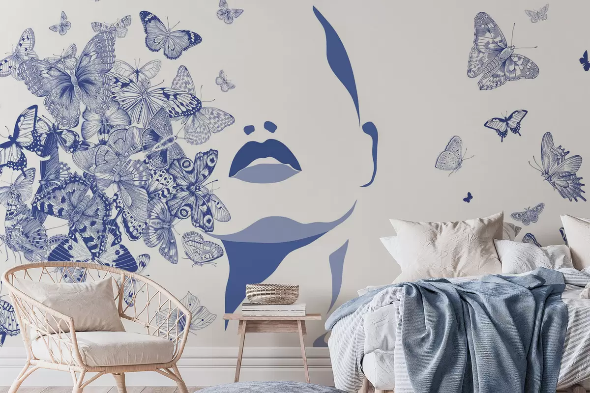 wall murals Silhouette of a face among butterflies w04778v1