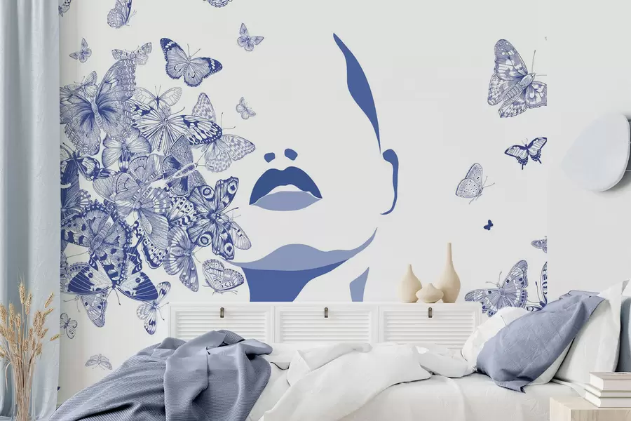 wall murals Silhouette of a face among butterflies w04778v1