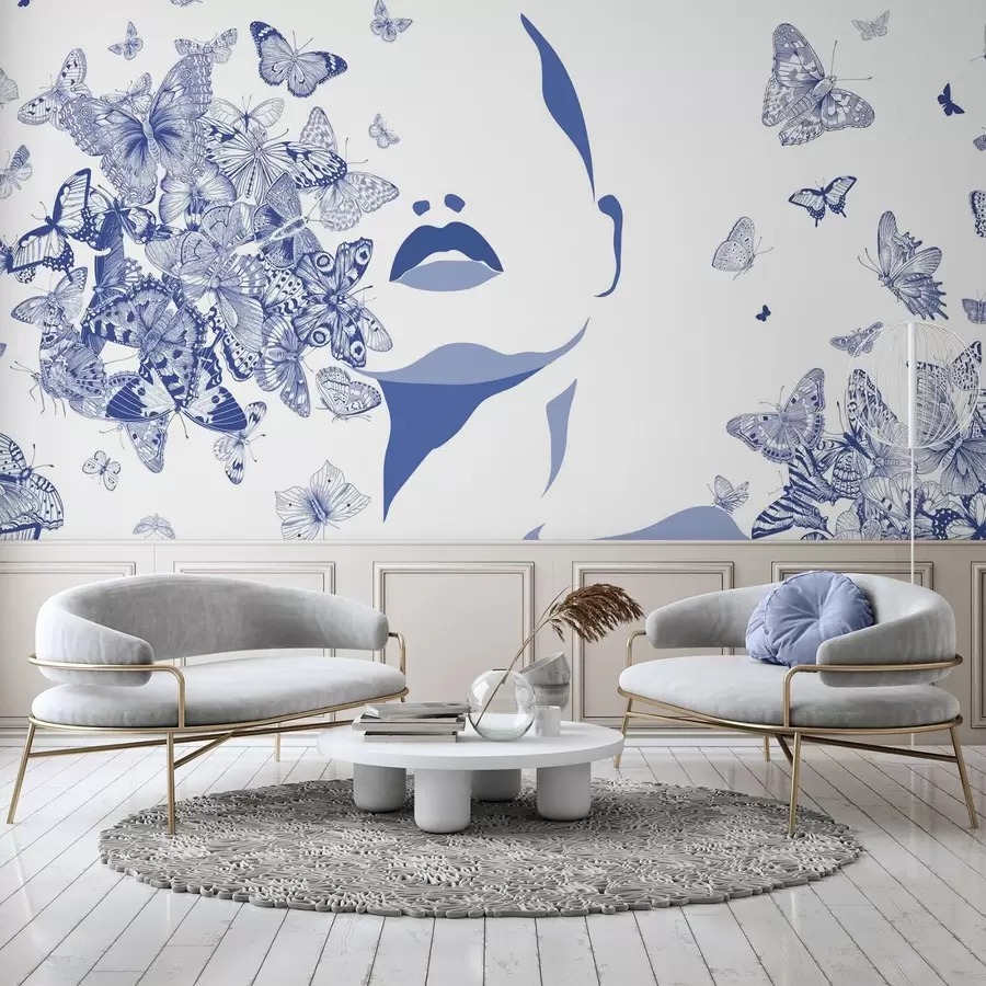 wall murals Silhouette of a face among butterflies w04778v1