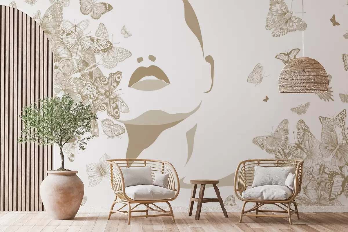 wall murals Silhouette of a face among butterflies w04778v2