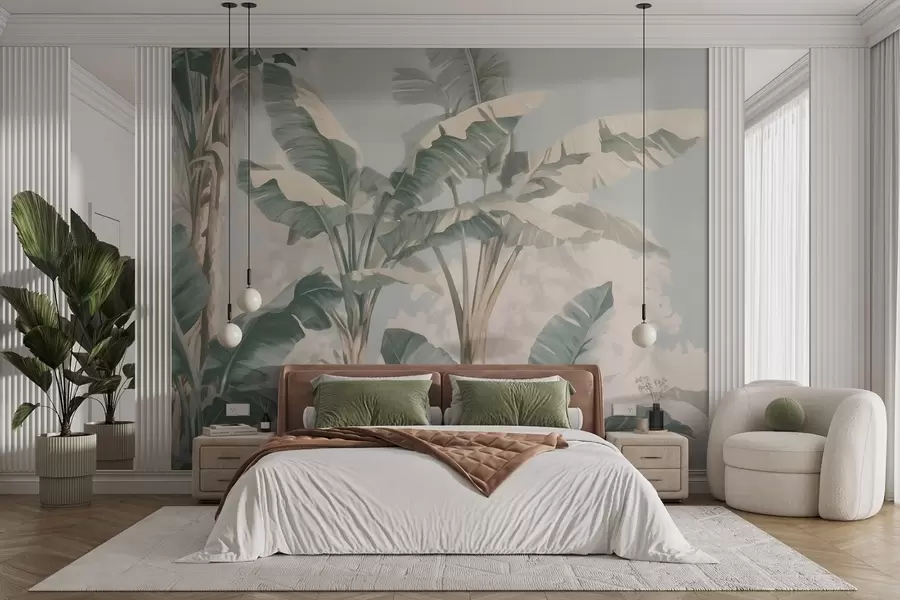 wall murals Tropical banana leaves in soft pastel tones w09311