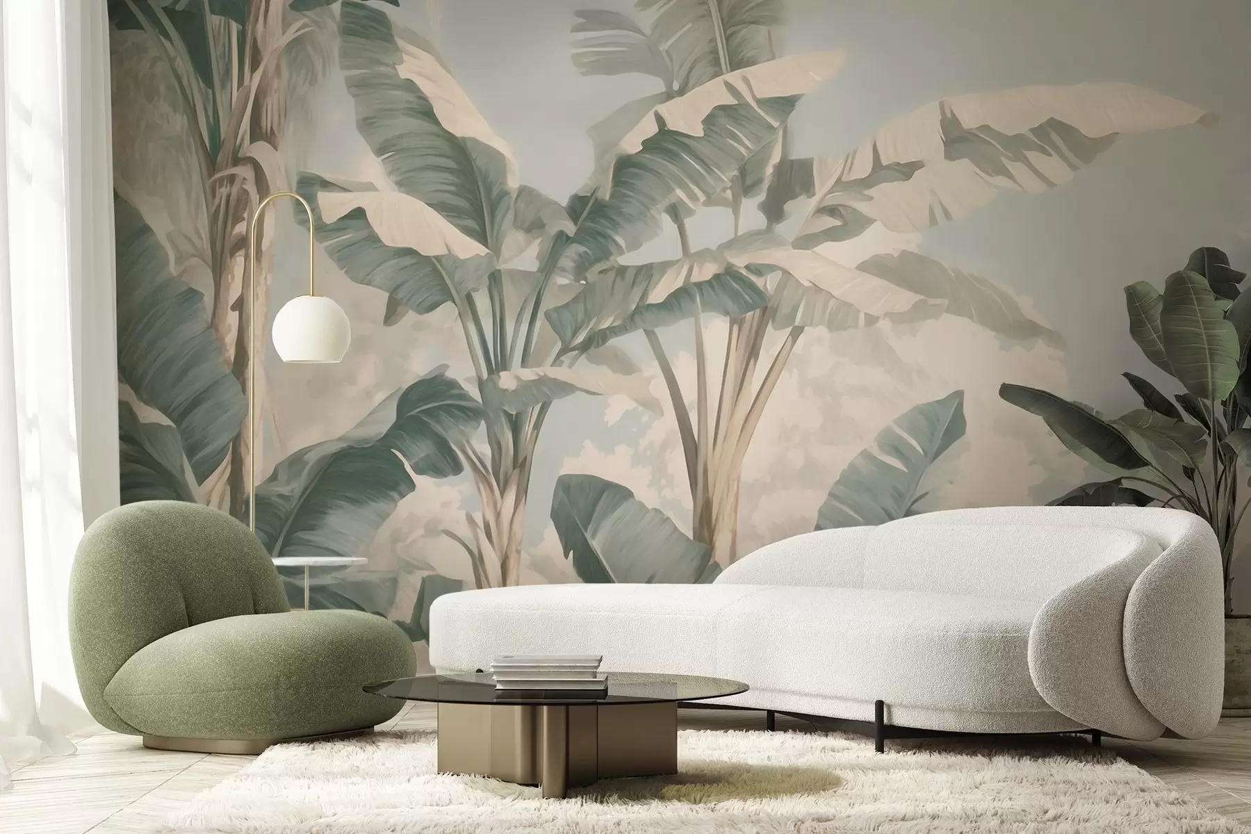 wall murals Tropical banana leaves in soft pastel tones w09311