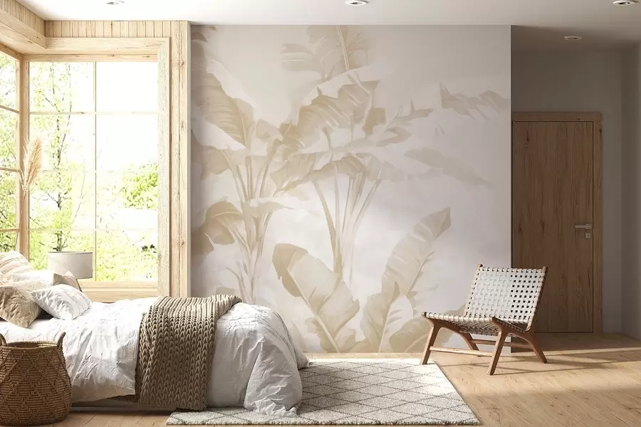 wall murals Tropical banana leaves in soft beige tones w09311v2