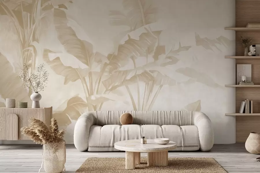 wall murals Tropical banana leaves in soft beige tones w09311v2