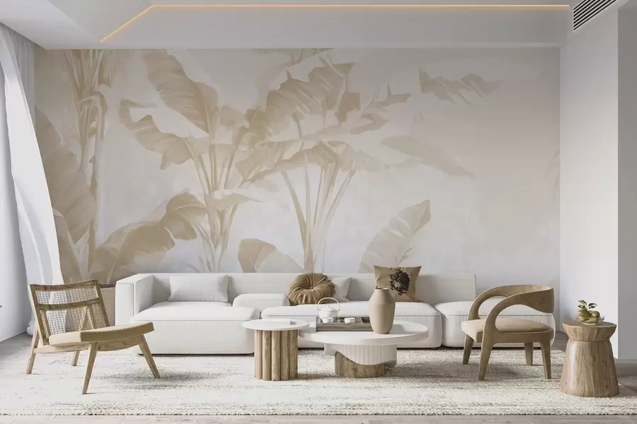 wall murals Tropical banana leaves in soft beige tones w09311v2