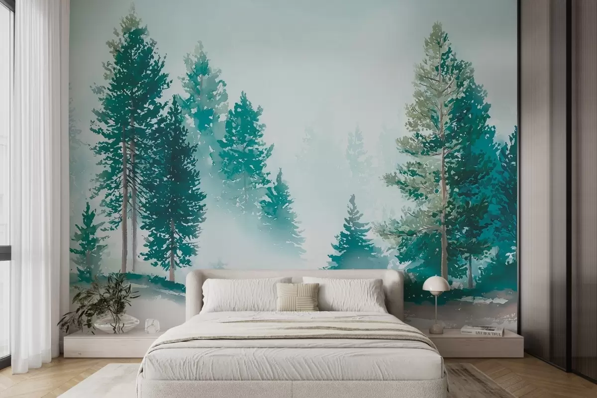 wall murals Misty pine forest in watercolor style w09444