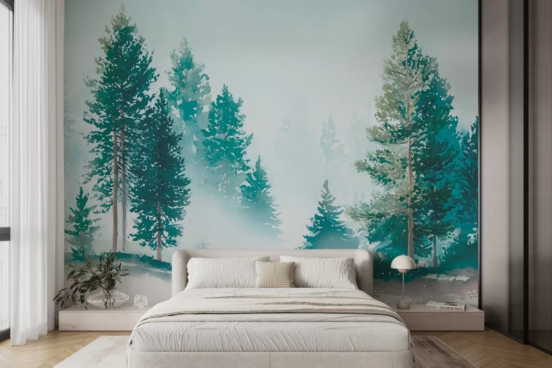 wall murals Misty pine forest in watercolor style w09444