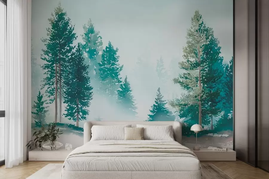 wall murals Misty pine forest in watercolor style w09444