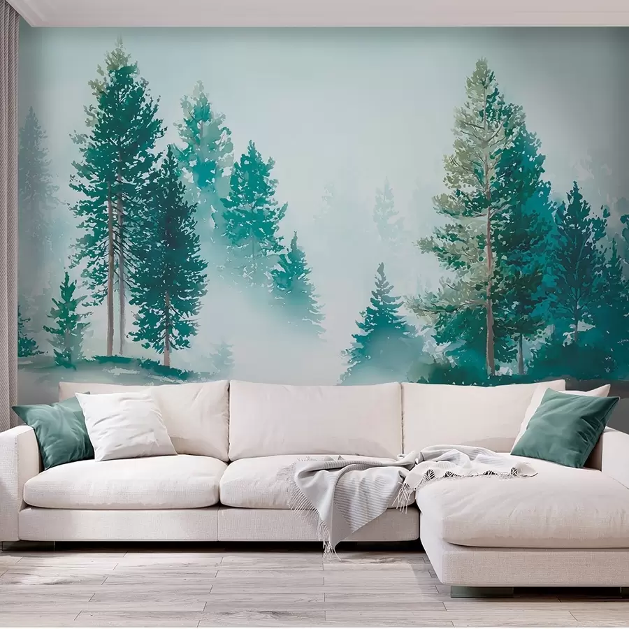 Wall murals Misty pine forest in watercolor style w09444 buy UK - Uwalls.co.uk wall murals Misty pine forest in watercolor style w09444