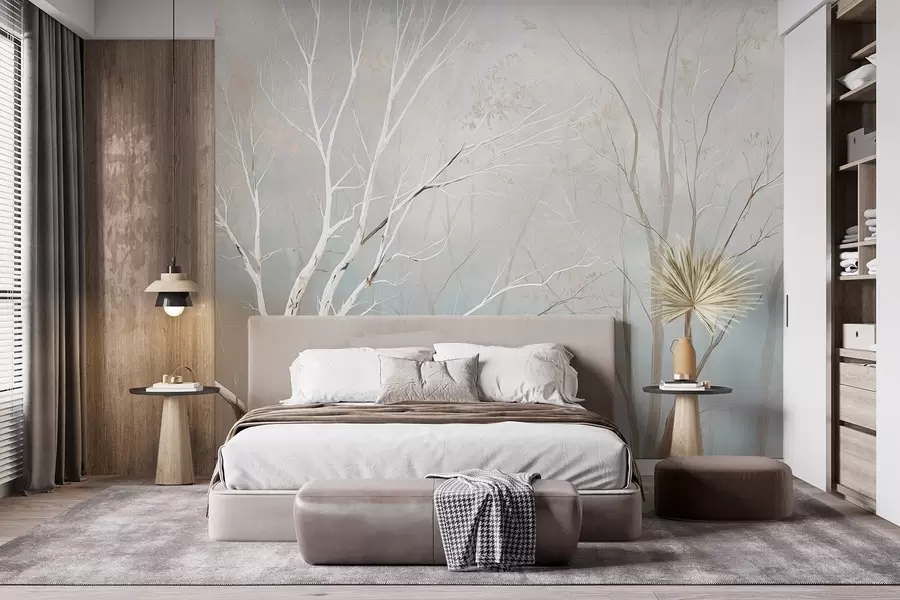 wall murals Light branches in morning mist in pastel tones w09447