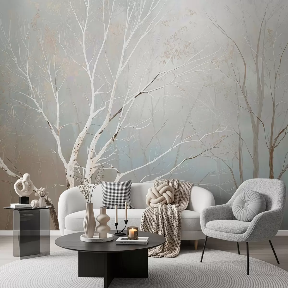 wall murals Light branches in morning mist in pastel tones w09447
