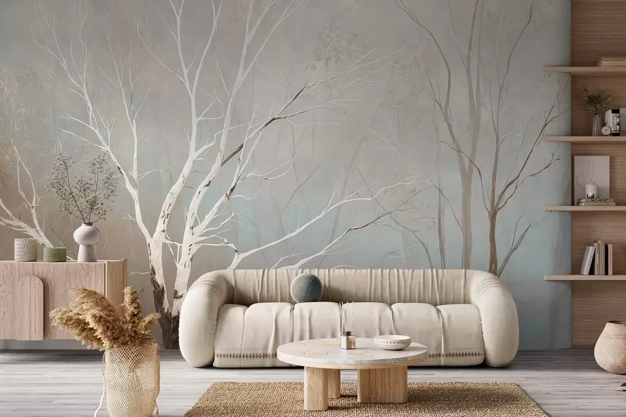 wall murals Light branches in morning mist in pastel tones w09447