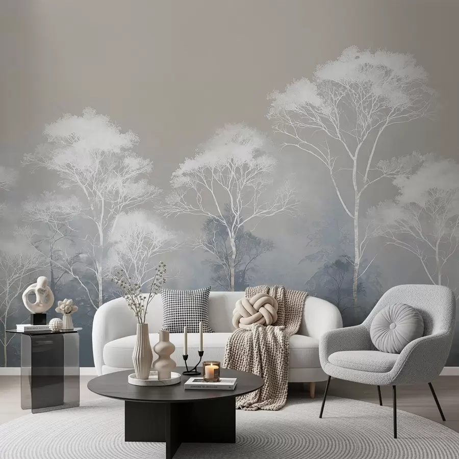 Wall murals Minimalist trees in blue-gray palette, in fog w09448 buy UK - Uwalls.co.uk wall murals Minimalist trees in blue-gray palette, in fog w09448