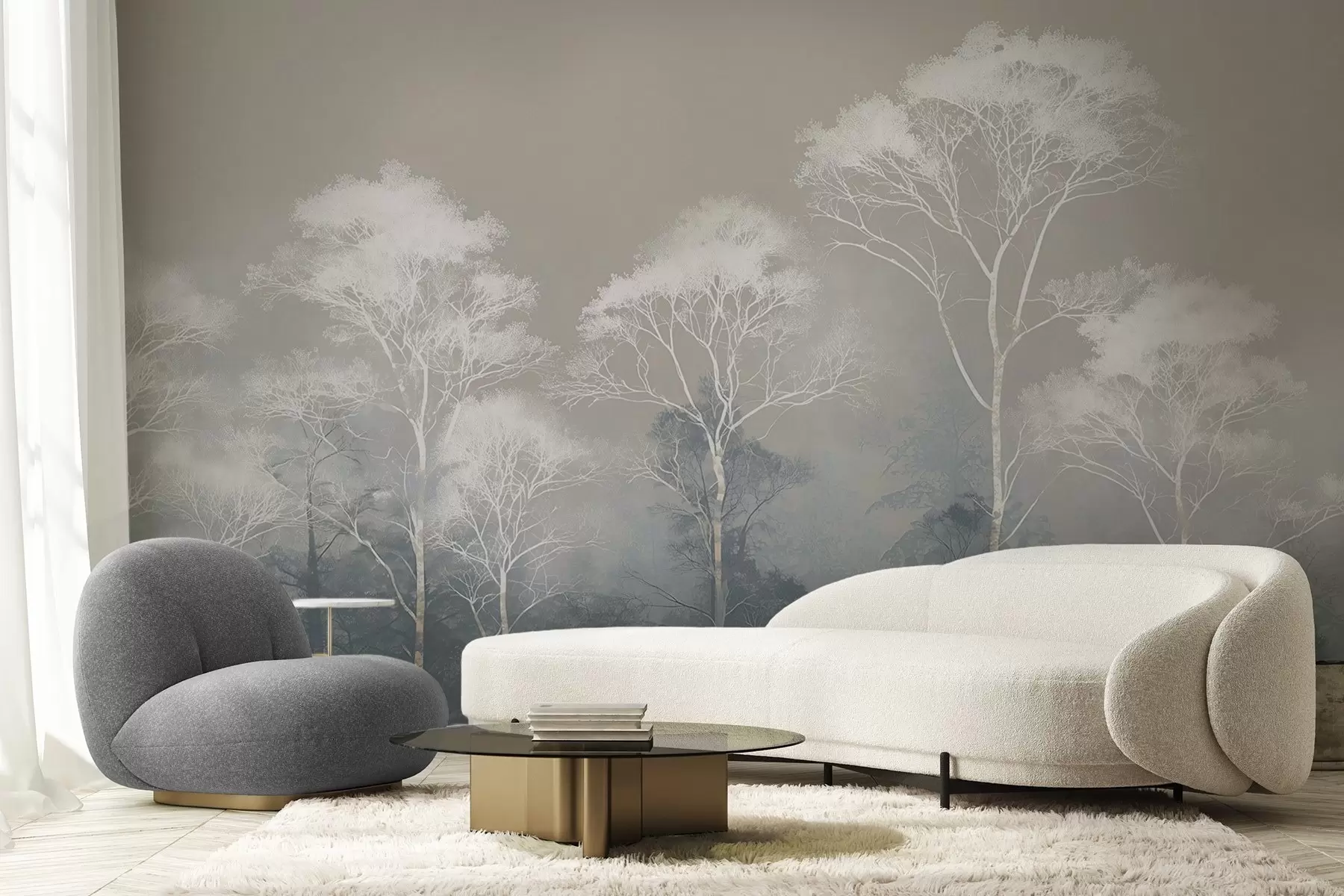 wall murals Minimalist trees in blue-gray palette, in fog w09448