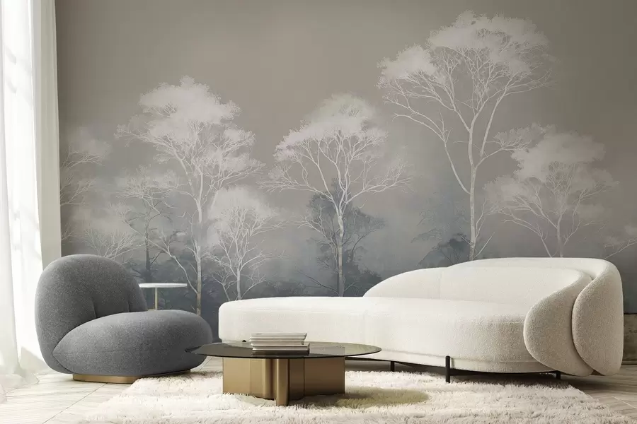 wall murals Minimalist trees in blue-gray palette, in fog w09448