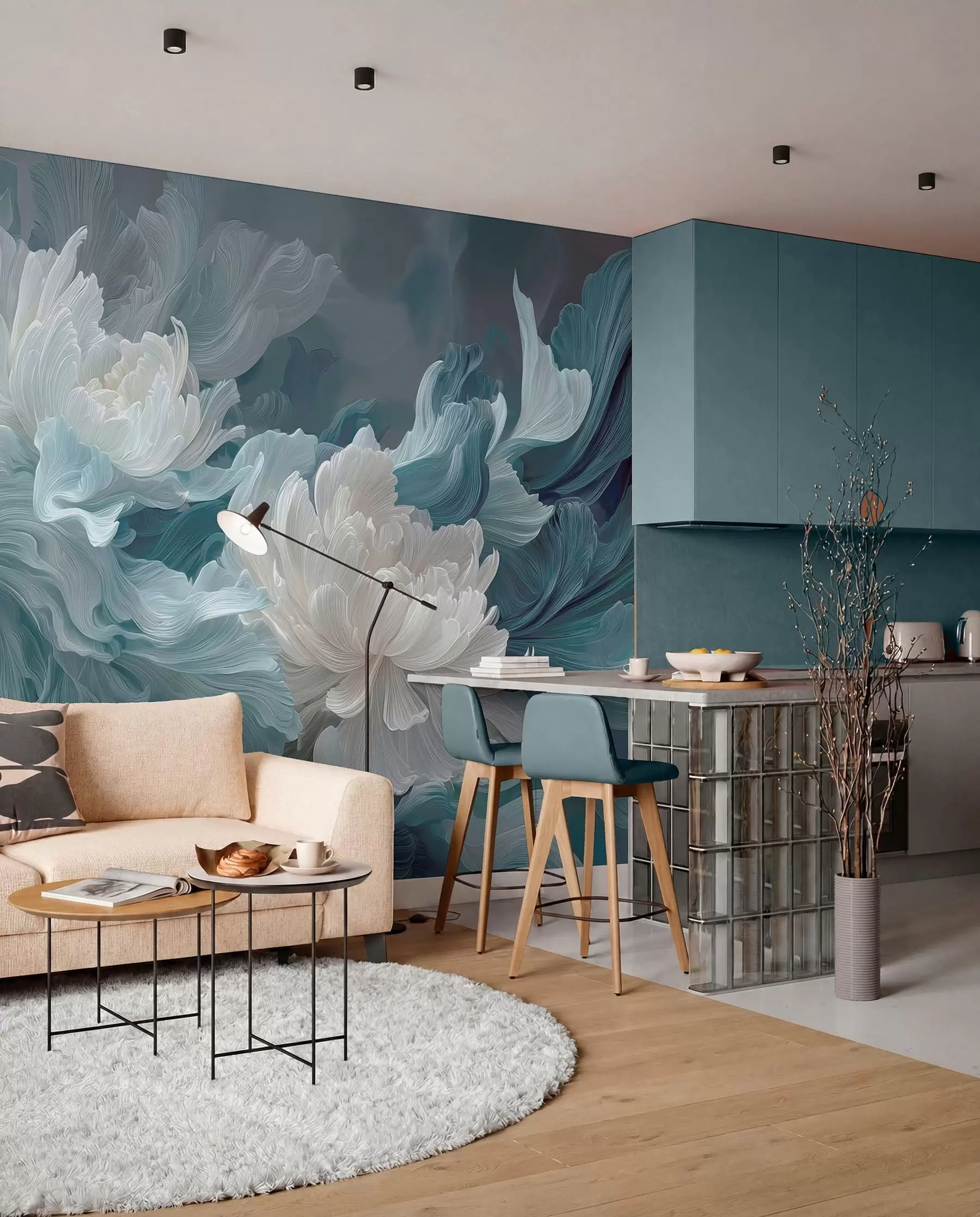 wall murals Abstract flowers in blue and turquoise shades w09452
