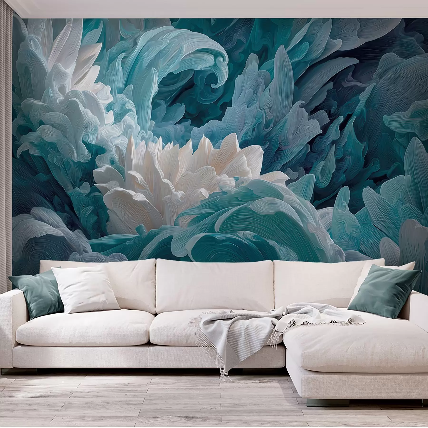 wall murals Dance of petals and ocean waves in blue hues w09454
