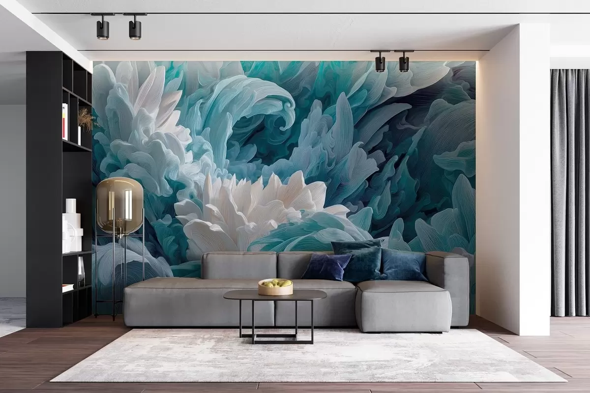 wall murals Dance of petals and ocean waves in blue hues w09454