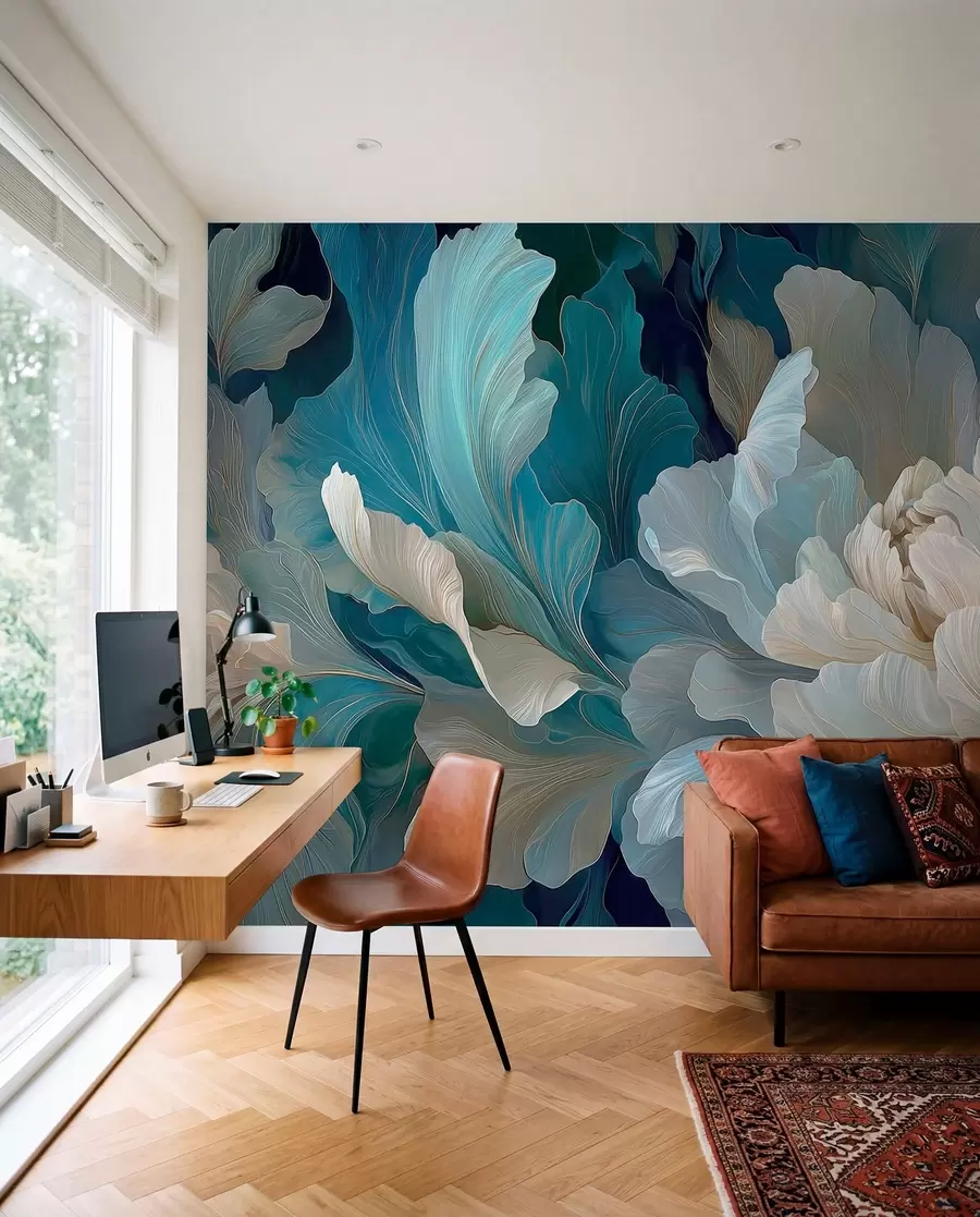 wall murals Delicate volumetric peony in a cool palette w09456