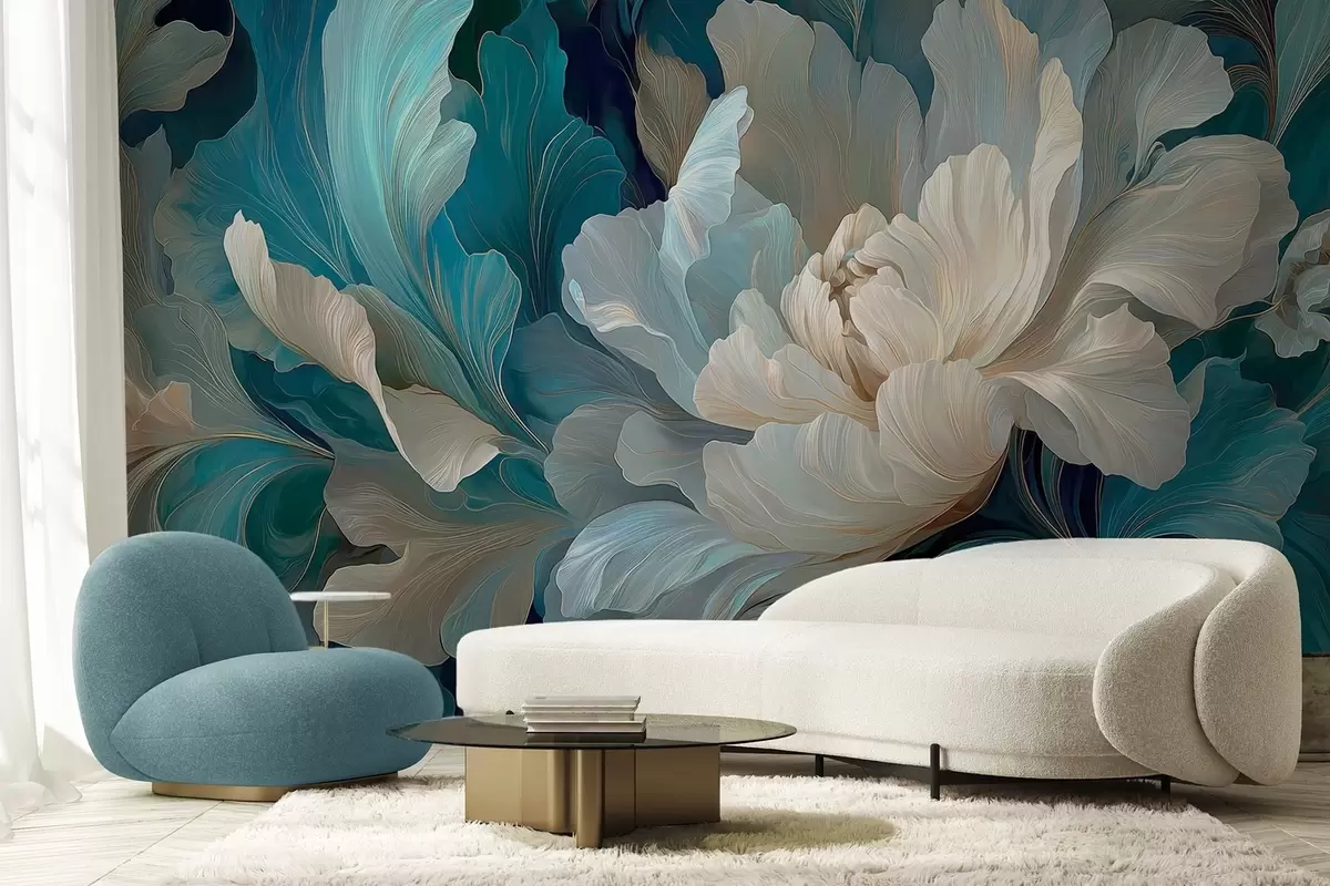 wall murals Delicate volumetric peony in a cool palette w09456