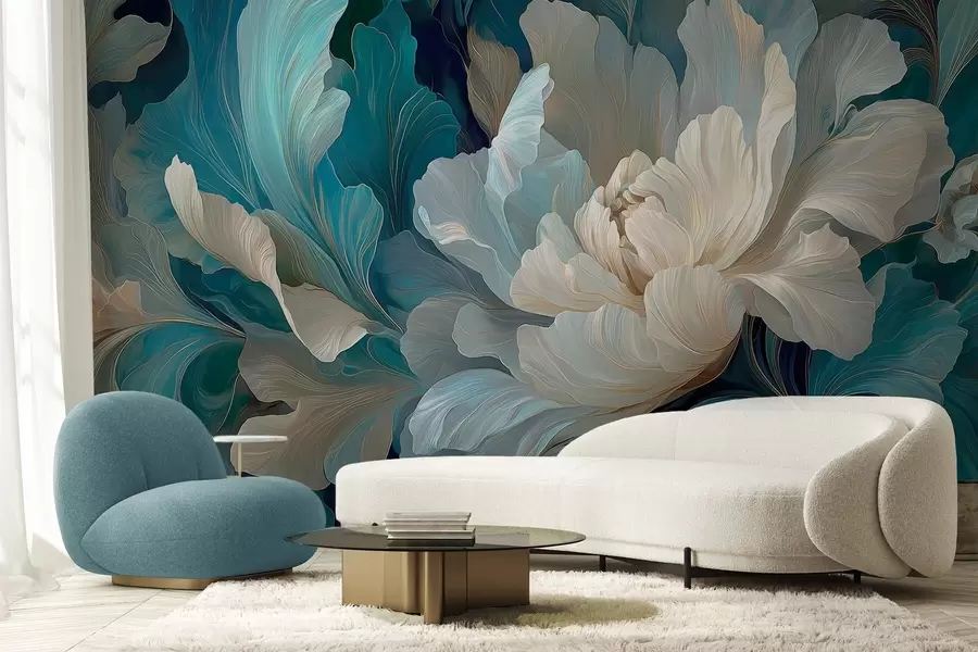 wall murals Delicate volumetric peony in a cool palette w09456