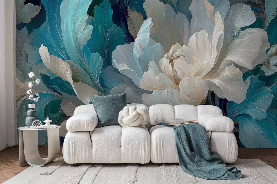 wall murals Delicate volumetric peony in a cool palette w09456