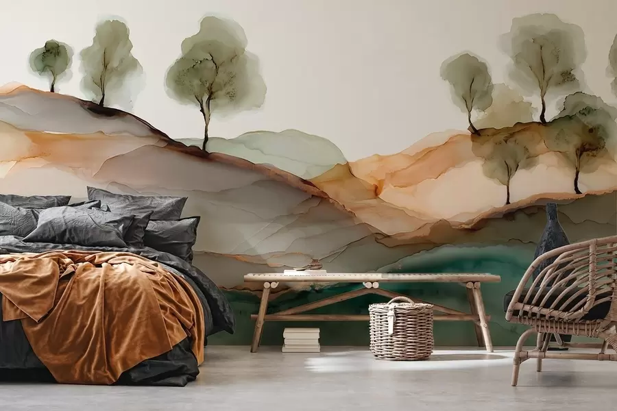 wall murals Abstract landscape in alcohol ink style — hills and trees in pastel tones w09457