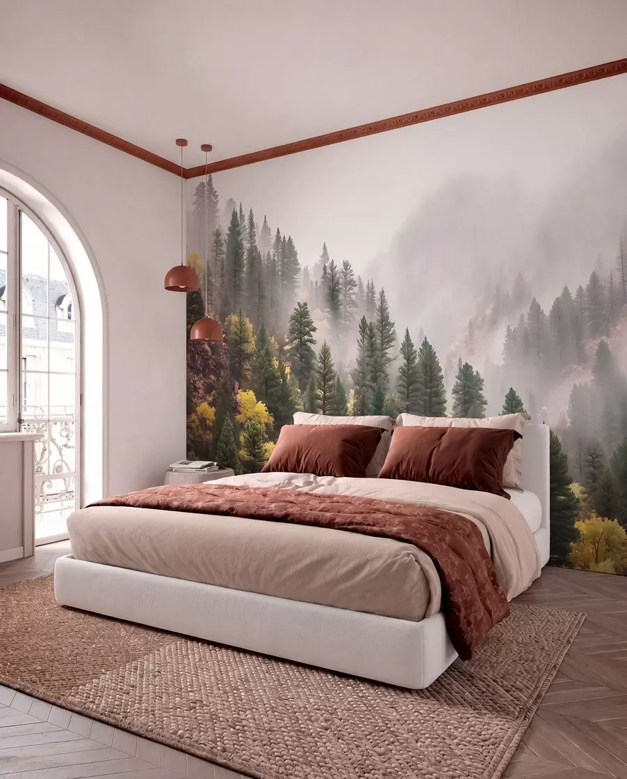 wall murals Atmospheric misty pine forest in the mountains w09463