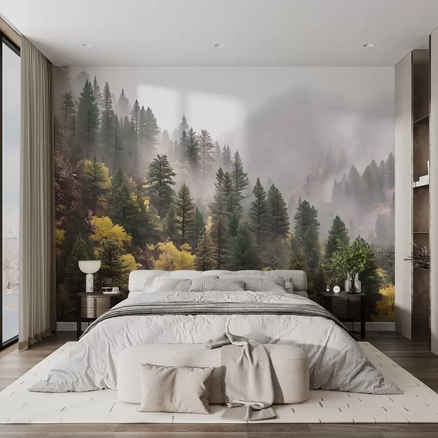 Wall murals Atmospheric misty pine forest in the mountains w09463 buy UK - Uwalls.co.uk wall murals Atmospheric misty pine forest in the mountains w09463