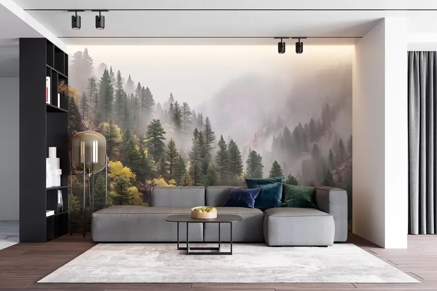 wall murals Atmospheric misty pine forest in the mountains w09463