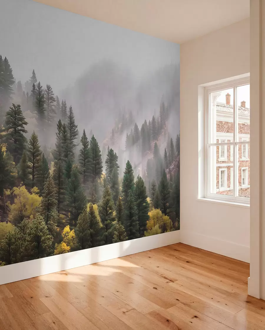 wall murals Atmospheric misty pine forest in the mountains w09463