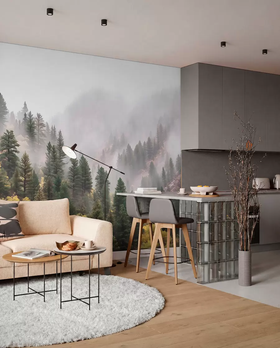 wall murals Atmospheric misty pine forest in the mountains w09463