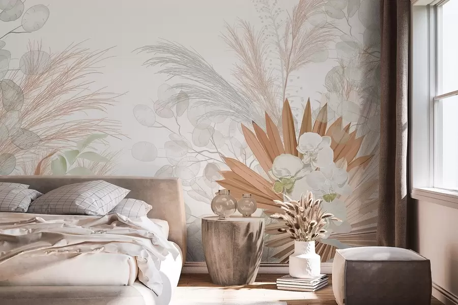 wall murals Pampas grass, eucalyptus, tropical leaves and orchids in a white background, pastel colors w09366