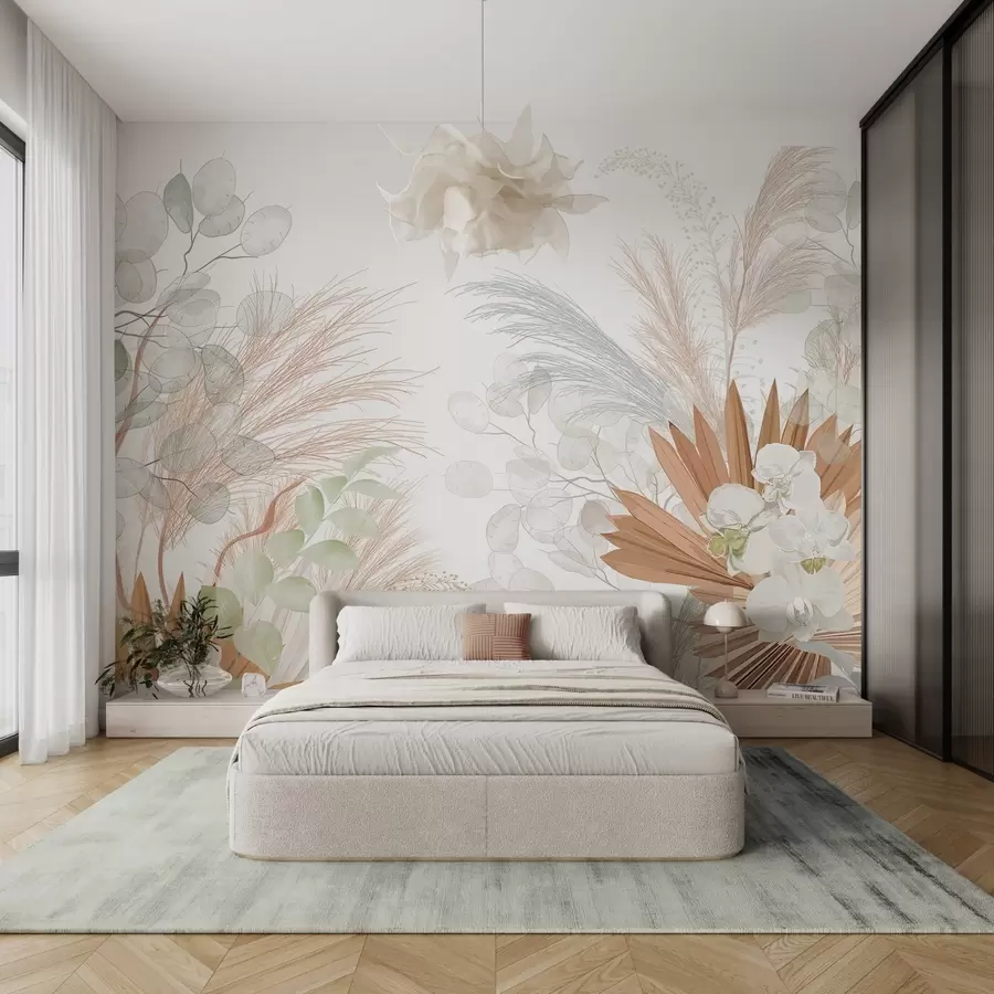 Wall murals Pampas grass, eucalyptus, tropical leaves and orchids in a white background, pastel colors w09366 buy UK - Uwalls.co.uk wall murals Pampas grass, eucalyptus, tropical leaves and orchids in a white background, pastel colors w09366