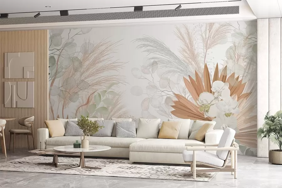 wall murals Pampas grass, eucalyptus, tropical leaves and orchids in a white background, pastel colors w09366