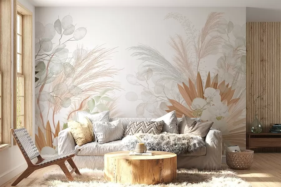 wall murals Pampas grass, eucalyptus, tropical leaves and orchids in a white background, pastel colors w09366