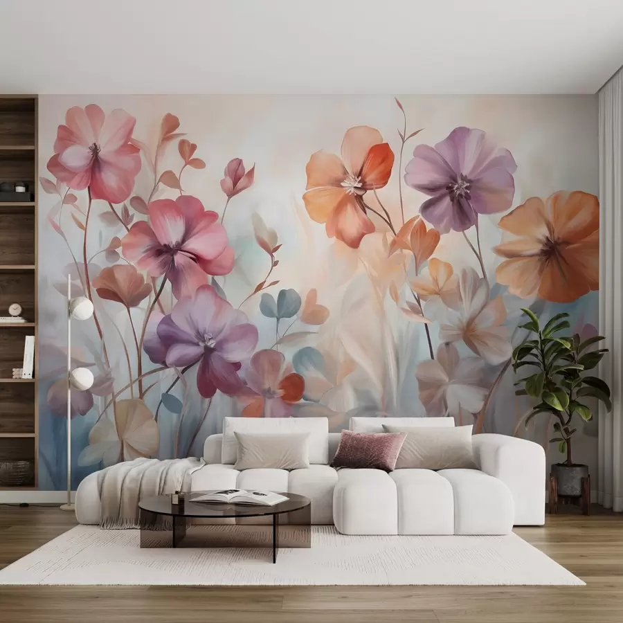 Wall murals Textural floral arrangement with pink, purple and orange flowers with green stems and leaves, soft pastel colors w09486 buy UK - Uwalls.co.uk wall murals Textural floral arrangement with pink, purple and orange flowers with green stems and leaves, soft pastel colors w09486