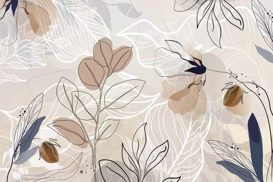 wall murals Beige abstract background with leaves and flowers line art, modern, minimalist , organic shapes, botanical print  w09487