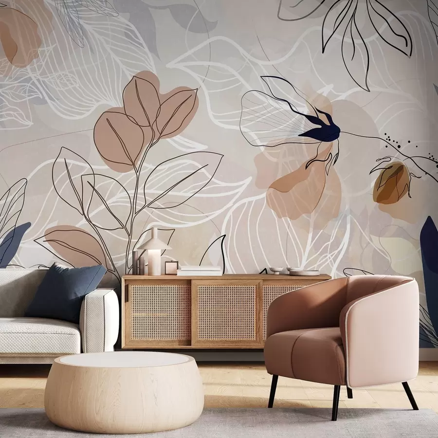 Wall murals Beige abstract background with leaves and flowers line art, modern, minimalist , organic shapes, botanical print  w09487 buy UK - Uwalls.co.uk wall murals Beige abstract background with leaves and flowers line art, modern, minimalist , organic shapes, botanical print  w09487
